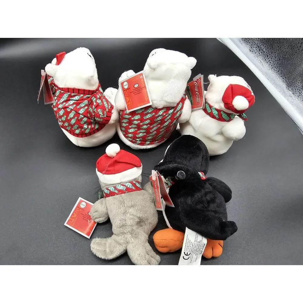 Lot Of 5 Vintage Coca Cola Beanie Plush Polar Bear Seal Penguin Drinking‎ Coke